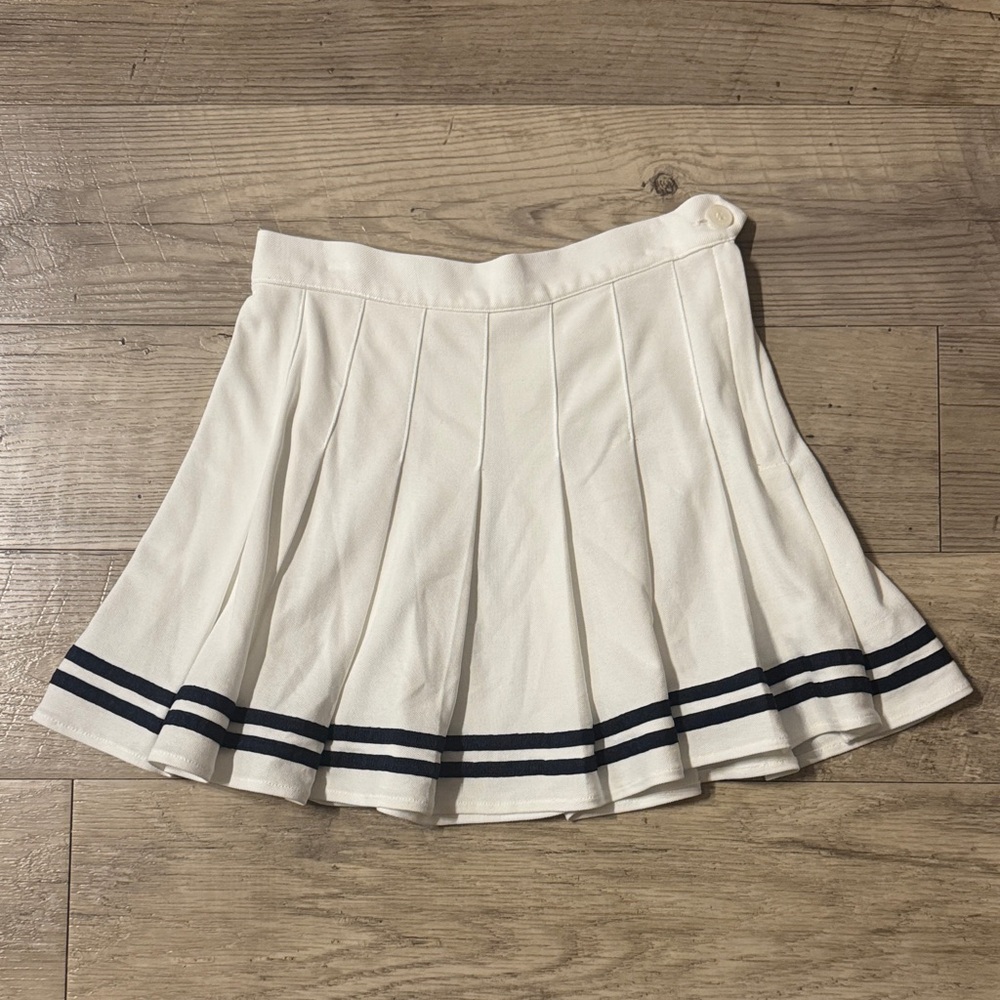 Elodie White Pleated Skater Skirt with Navy Stripes